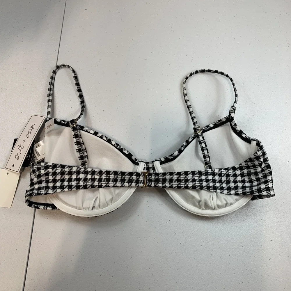 Salt & Cove Junior's Swim Bikini Top L Black White Gingham Plaid Underwire